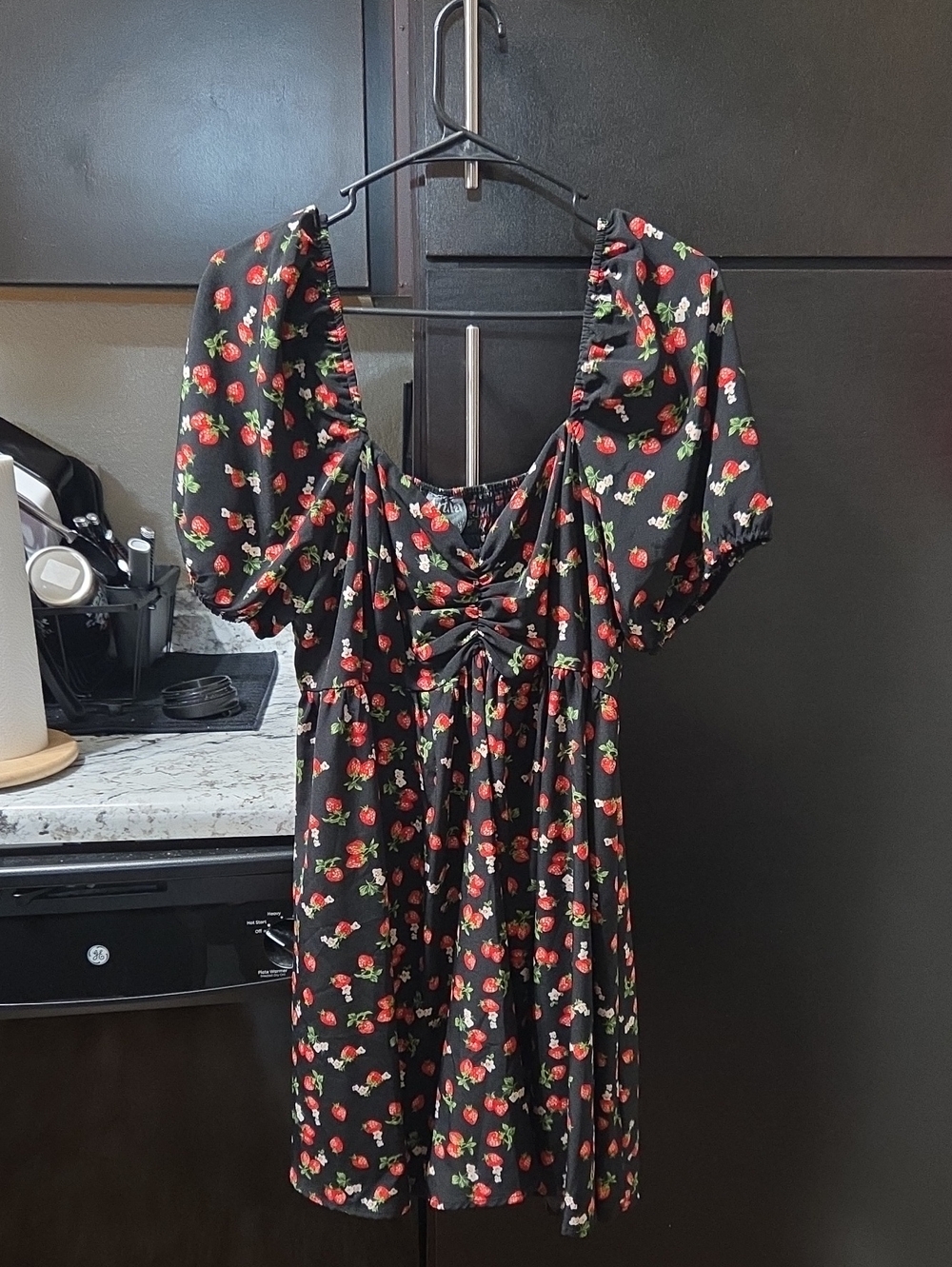 Black Mini Dress with Red Rose Print and Puff Sleeves